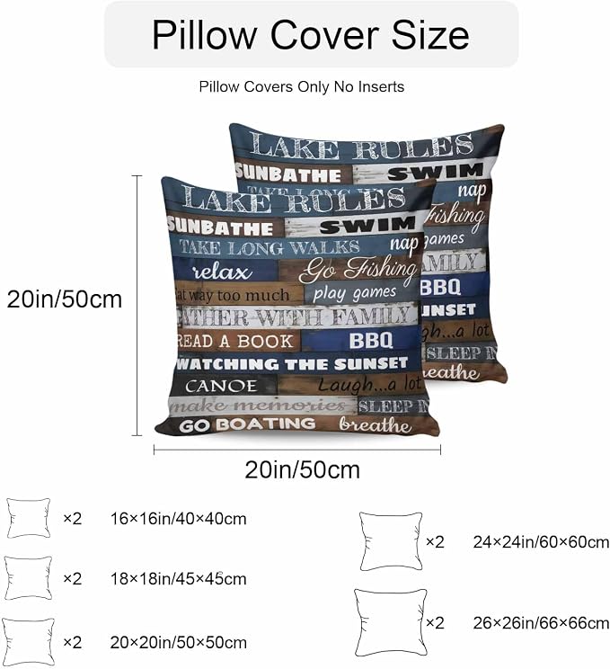 Vandarllin Outdoor Throw Pillows Covers 24x24 inch Set of 2 Waterproof Lake Rules on Wood Grain Decorative Zippered Cushion Covers for Patio Furniture, Rustic Text Wooden Lumbar Pillowcases