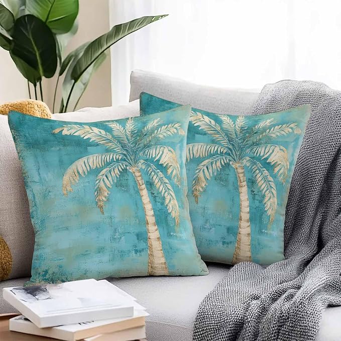 Coastal Beach Tree Green Outdoor Waterproof Pillow Covers, Vintage Tropical Flower Plant Decorative Square Throw Pillowcase Sofa Cushion Sham for Patio/Couch/Chair, 20"x20" 2 Pack
