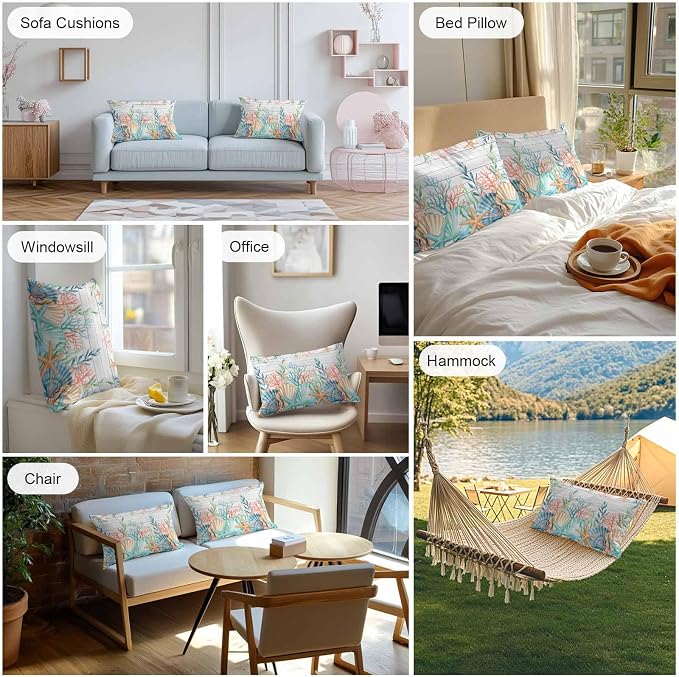 Lumbar Pillow Covers 20x12 Inch Set of 2, Summer Coastal Waterproof Outdoor Pillow Covers, Nautical Sea Coral Shell Starfish Wood Gray Decorative Cushion Pillowcases for Couch, Sofa, Bed, Patio