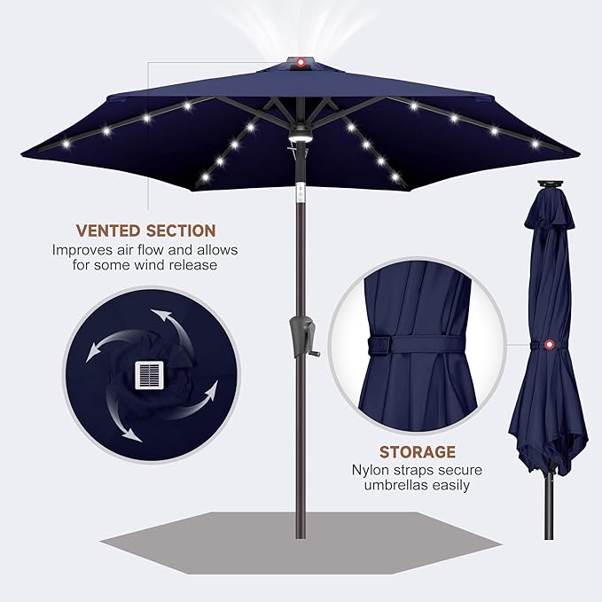 Jarka&Co 7.5ft Solar Patio Umbrella - Lighted Solar Outdoor Umbrella with 24 LED Lights Waterprool UV Protection, Market Table Umbrella with Tilt for Backyard, Garden, Pool, Porch (Navy Blue)