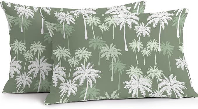 Lumbar Pillow Covers 20x12 Inch Set of 2, Tropical Palm Tree Waterproof Outdoor Pillow Covers, Olive Green Plants Coastal Leaf Beach Decorative Cushion Pillowcases for Couch, Sofa, Bed, Garden, Patio