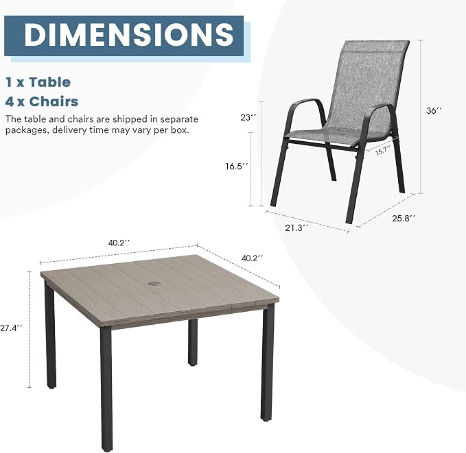 DIFY 5 Piece Outdoor Dining Set, 40" Grey Wood-Like Square Metal Patio Table and Grey Textilene Stackable Chairs for 4, All Weather Patio Furniture Set with Umbrella Hole for Backyard Garden Deck