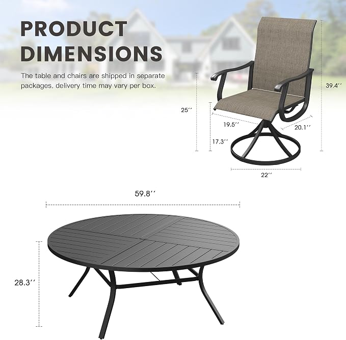 Outdoor Dining Set for 8, 60.1" Metal Round Outdoor Dining Table with Umbrella Hole and Sling Patio Swivel Chairs, 9 Pieces Patio Table and Chairs Set for Garden Backyard, Mixed Brown and Black