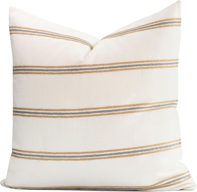 Modern Farmhouse Fall Linen Indoor Outdoor Throw Pillow Cover Only, 22"x22" Water Repellent for Patio, Backyard, Couch, Neutral Honey Mustard Embroidered Stripes