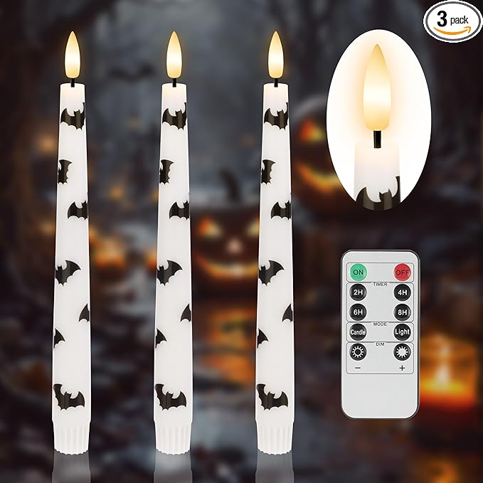 Halloween Taper Candles with Bats, 9.6”Real Wax Flameless Taper Candles with Remote & Timer, 3 Pack Battery Operated Halloween Led Candlesticks for Party Home Decor