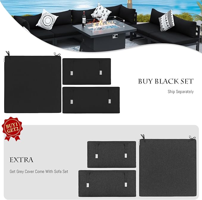 BULEXYARD 7 Piece Luxury Aluminum Outdoor Sectional Sofa with Fire Pit Table, Oversized L Shaped Patio Furniture Set, 29 inch Deep Wide Seating, 500 lbs Heavy Duty Conversation Set for Backyard, Black