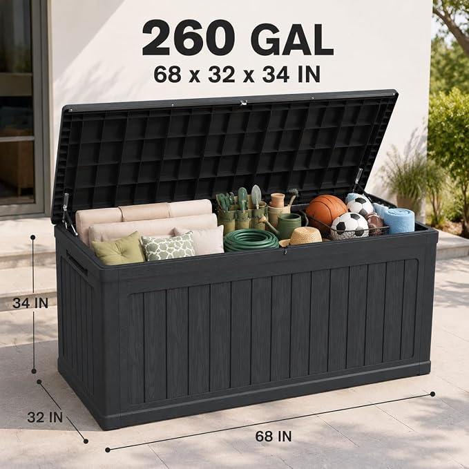 180 Gallon Large Outdoor Storage XXL Deck Box for Patio Furniture, Outdoor Cushions, Garden Tools and Sports/Pools Equipment, Waterproof Resin, Lockable, Black (Black + Plastic-1)
