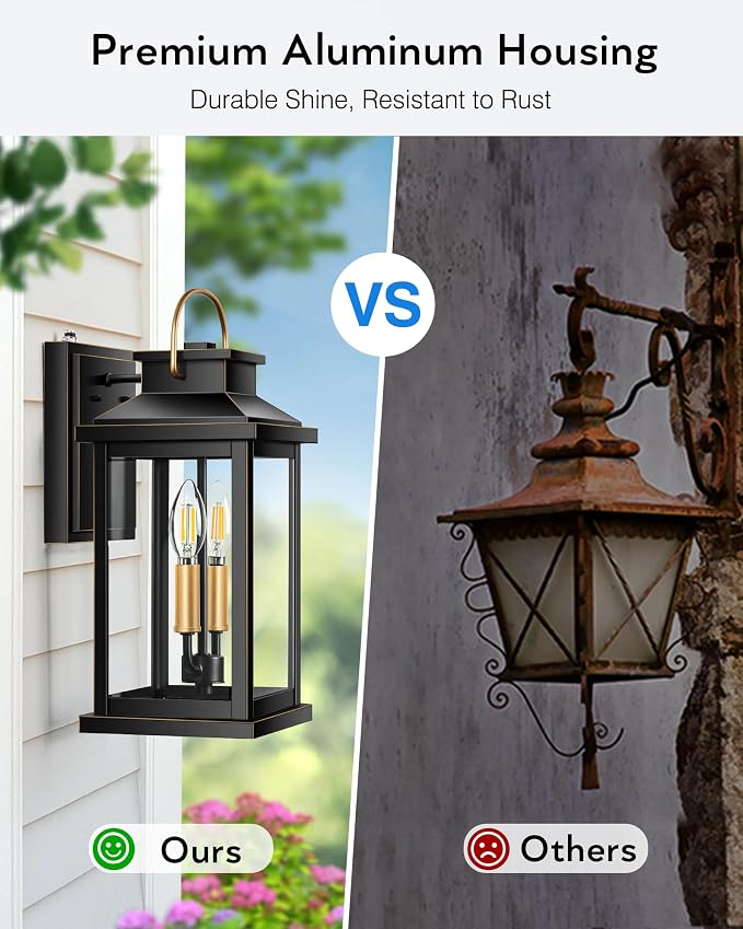 VIANIS Large Porch Lights Outdoor Dusk to Dawn, Black Gold Trim, Anti-Rust | Waterproof Exterior Lighting Fixtures Wall Mount for House, Outdoor Sconces Wall Lighting for Patio, Coach Lights for Garage