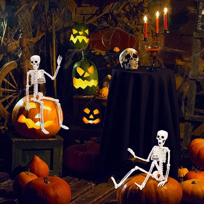 XIMISHOP 2pcs Skeleton Halloween Decoration, 16” Full Body Posable Hanging Plastic Decoration with Movable Joints for Indoor Outdoor