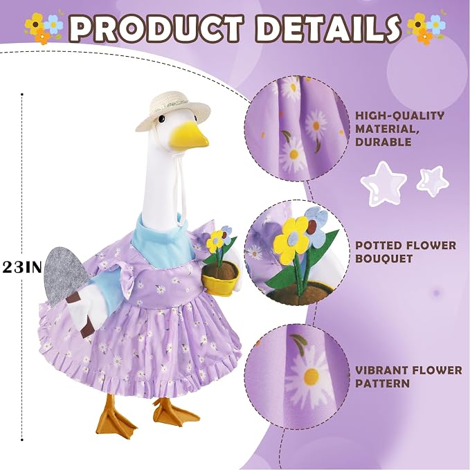 Erythem Gardener Porch Goose Outfits, Cute Spring Porch Goose Clothes with Straw Hat, Shovel & Flower Pot Fits 23" Cement Plastic Geese Statue for Outdoor Garden Yard Decor