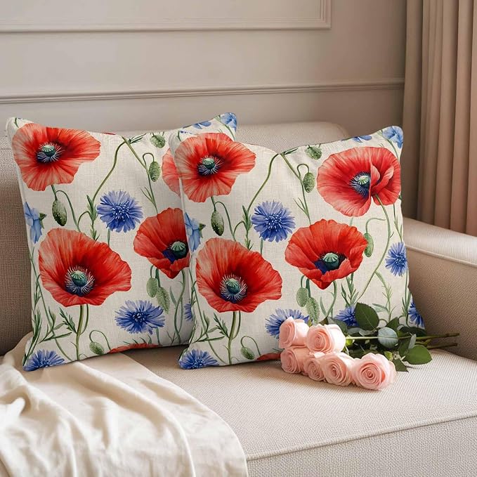 Red Blue Flowers Waterproof Outdoor Pillow Covers Set of 2 Home Decor, Patriotic Poppy Floral Summer Country Pillowcase Patio Pillow Covers for Couch Bench Furniture Garden 20x20in