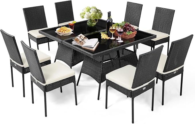 10 Pieces Patio Wicker Dining Set Outdoor Furniture, Outdoor Rattan Table and Chairs with Tempered Glass Table-top & Padded Cushions, Patio Furniture Sets for Backyard, Balcony (Black)