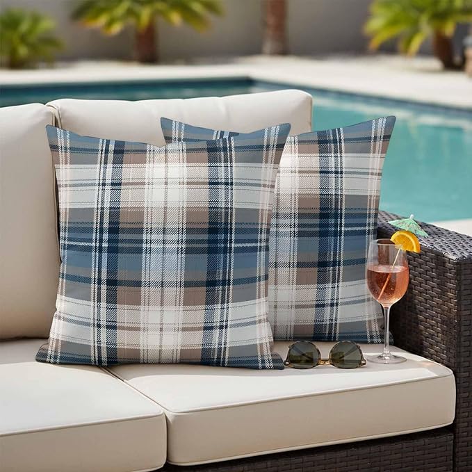 Outdoor Waterproof Throw Pillow Covers Set of 2 Blue Brown Buffalo Plaid Pillowcases 18x18 Inches Check Plaid Decorative Pillows Cushion Case Patio Pillows for Couch Bed Chair Garden