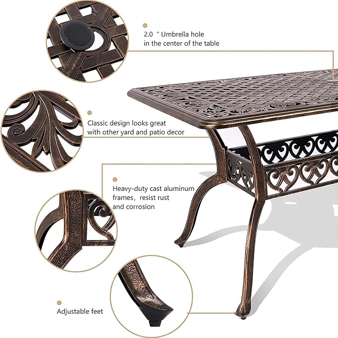 Grepatio 7 Piece Cast Aluminum Outdoor Dining Set, Patio Furniture Set with 2“ Umbrella Hole and 4 Chair & 2 Swivel Chairs with Cushions, Dining Furniture Set for Porch Poolside Garden (Khaki Grid)