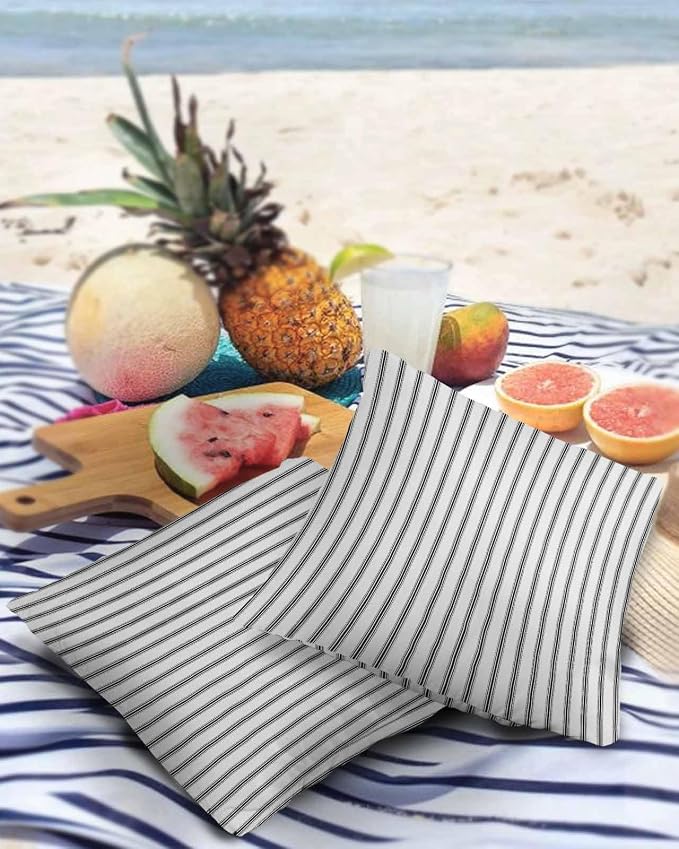 Outdoor Waterproof Throw Pillow Covers 24x24in, Black Stripes Cushions for Garden Patio Furniture Chairs Set of 2, Line Texture Home Decor Couch Sofa Polyester Pillow Cases