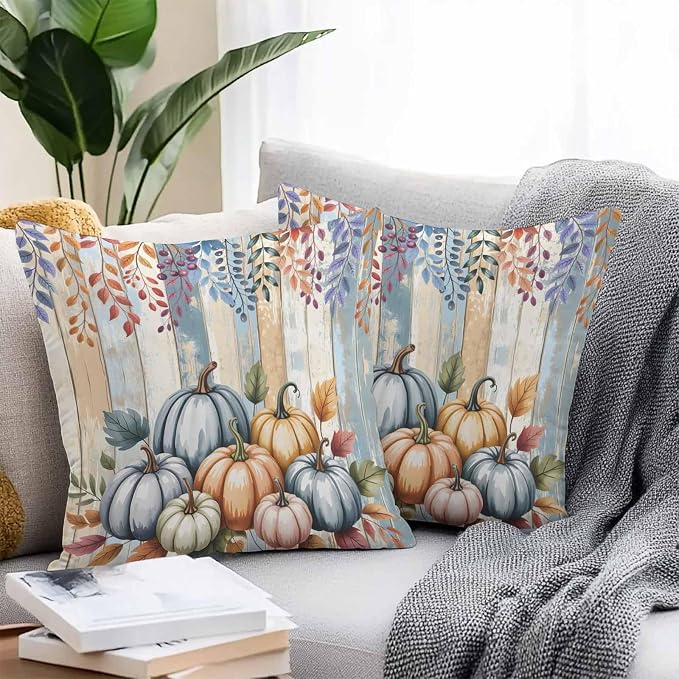 Orange Pumpkins Outdoor Waterproof Pillow Covers, Eucalyptus Leaves Wood Grain Country Rustic Decorative Square Throw Pillowcase Sofa Cushion Sham for Patio/Couch/Chair, 18"x18" 2 Pack