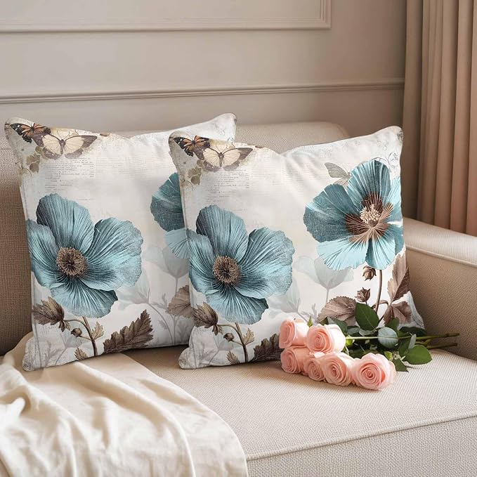 Teal Blue Floral Waterproof Outdoor Pillow Covers 16''x16'' Set of 2, Vintage Brown Flowers Butterfly Plant Patio Furniture Cushion Covers for Chairs, Decorative Pillow Cases for Garden/Pool/Beach