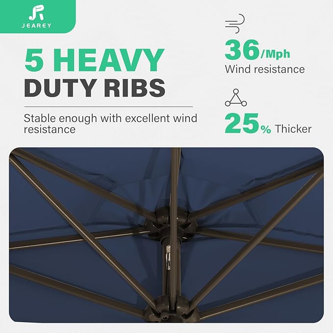 JEAREY 9ft Half Umbrella Outdoor Patio Umbrella Market Umbrella with Crank, 1/2 Round Wall Umbrella 5 Sturdy Ribs UV Protection for Pool Garden Balcony Deck, Dark Blue