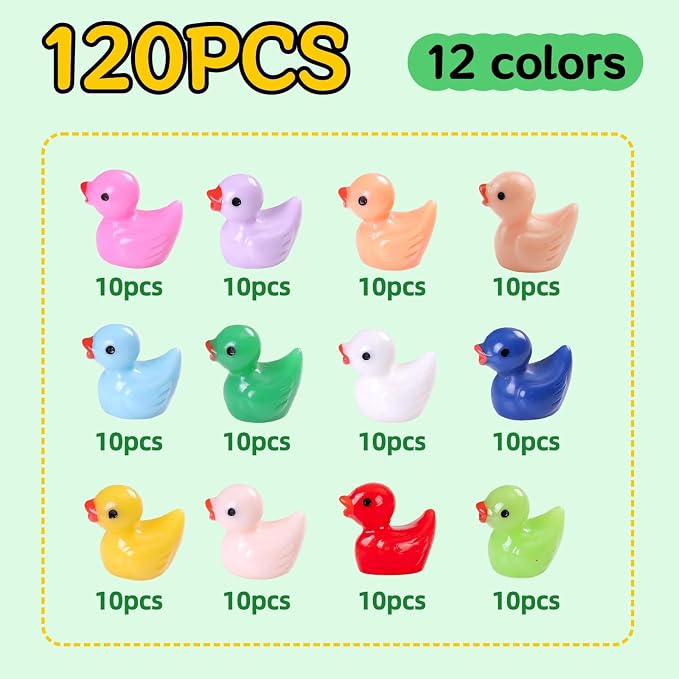 120PCS Mini Resin Ducks 12 Colors | Tiny Colorful Resin Ducks, Miniature Tiny Plastic Animal Figures for Micro Landscape Fish Tank Garden Dollhouse DIY Decor