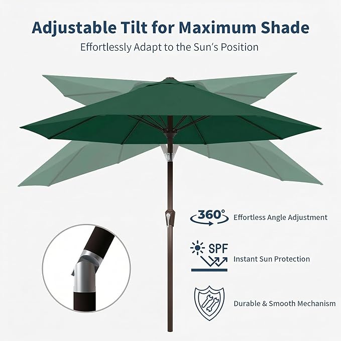 10FT Patio Umbrella Outdoor Market Umbrella with Crank and Tilt, 8 Flexible Fiberglass Ribs, UV-Resistant Waterproof Canopy for Patio, Deck, Garden, Backyard, Forest Green