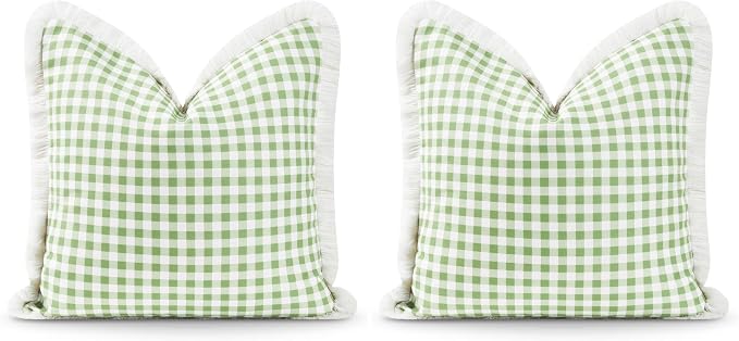 Hofdeco Premium Coastal Patio Indoor Outdoor Pillow Cover Only, 20"x20" Water Resistant for Backyard, Couch, Green Gingham Fringe (Pack of 2)