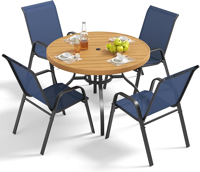 Outdoor Patio Dining Set for 4, 5 Pieces Patio Table and Chairs Set with Umbrella Hole, 41"x 41" Round Metal Wood-Grain Dining Table Set with 4 Stackable Patio Chairs for Deck , Backyard, Porch