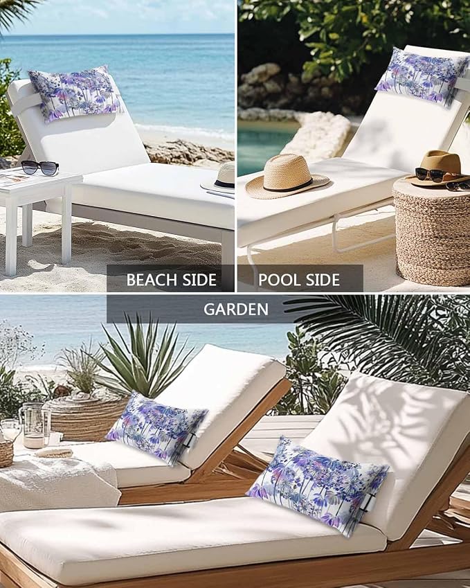 Outdoor Pillows Waterproof Covers Set of 2, Blue Dandelion Adjustable Elastic Chaise Lounge Headrest Pillow Covers, Spring Bloom Flowers Lumbar Pillow for Pool Beach Patio Furniture 11x16 Inch