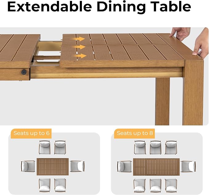 HAPPATIO Expandable Aluminum Outdoor Dining Set,9-Piece Patio Aluminum Dining Set with Wood-Like Hand-Painted Finish,8 Swivel Rockers with Expandable Table for Lawn, Garden, Backyard