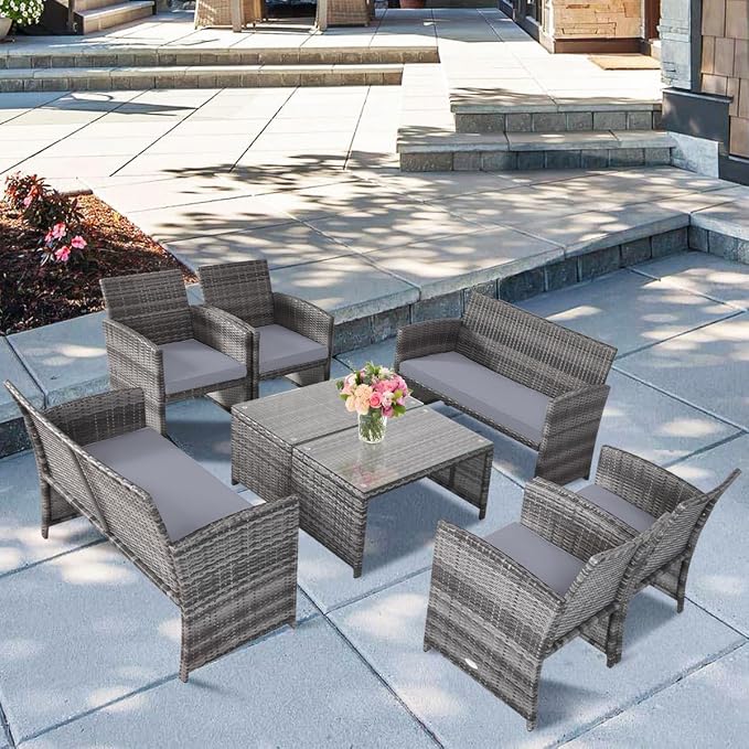 Outdoor Conversation Set, 8 Pieces Wicker Patio Furniture Set with Ergonomic Curved Design, Patio Chair Set with Water-Resistant Cushion & Tempered Glass Table for Backyard, Porch(Gray)