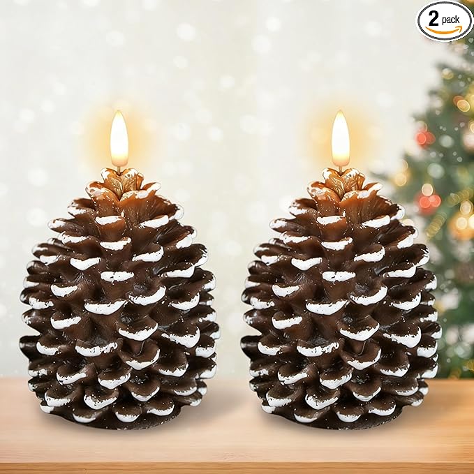 DRomance Flameless Pinecone Candles Battery Operated with 6 Hour Timer Set of 2 Real Brown Wax 3D Wick LED Flickering Pillar Candles Christmas Holiday Decor(White, 3.5 x 6 Inch)
