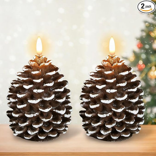 DRomance Flameless Pinecone Candles Battery Operated with 6 Hour Timer Set of 2 Real Brown Wax 3D Wick LED Flickering Pillar Candles Christmas Holiday Decor(White, 3.5 x 6 Inch)