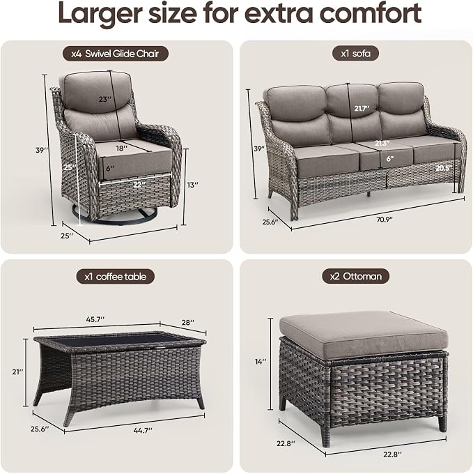 Swivel Patio Chairs sofa Set of 8 with 6" Thick Cushion - Wicker Outdoor Swivel Rocker Patio Chair ,Sofa/Glass coffee table, High Back Comfortable Outdoor Glider Chairs - Gery Wicker | Gery Cushions