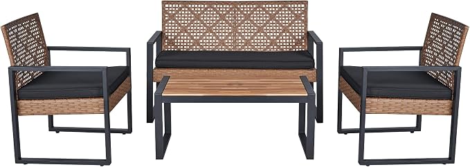 5-Piece Boho Patio Furniture Set, PE Rattan & Acacia Wood Outdoor Conversation Set for Porch, Garden, Backyard, Balcony