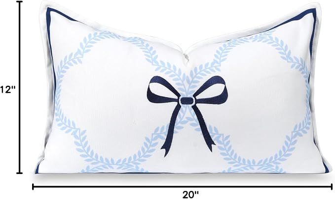 Hofdeco Premium Coastal Hampton Patio Indoor Outdoor Lumbar Pillow Cover Only, 12"x20" Water Repellent for Backyard, Couch, Poolside, Baby Blue Navy Embroidered Ribbon Bow Tie on Leaves