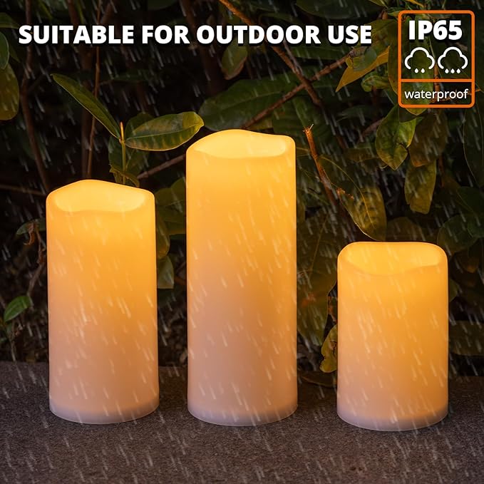 NURADA Large Outdoor Solar Candles Waterproof - 6" 8" 10" x 4" Rechargeable Solar Powered Flameless LED Pillar Flickering Candle for Patio Porch Lanterns Decor - Ivory Set of 3