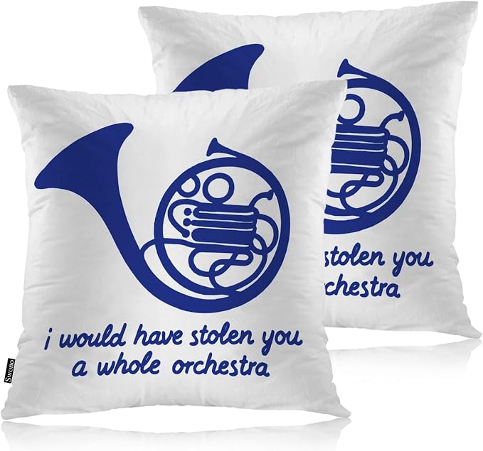 Swono Couch Pillow Cover Set of 2 Horn, Blue French Horn Throw Pillowcase Cushion Cover 18 X 18 Inch Pillows Covers Decor for Sofa Bedroom Car Living Room, I Would Have Stolen You A Whole Orchestra