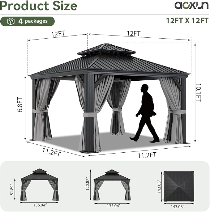 Aoxun 12' X 12' Hardtop Gazebo with Drainage System, Aluminum Outdoor Gazebo with Galvanized Steel Double Roof, Patio Permanent Metal Pavilion with Netting, for Garden, Deck, Backyard, Grey