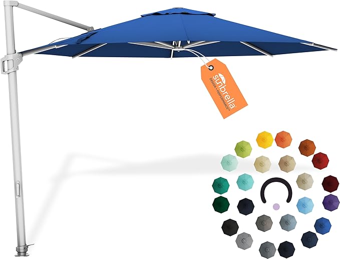 Midtown Umbrellas10 Ft Outdoor Cantilever Patio Umbrella w/Sunbrella Dark Blue Fabric - Tilt 360° Rotate Offset Patio Umbrella, Deck Patio Umbrella, Backyard Umbrella & Garden Umbrella - Silver Frame