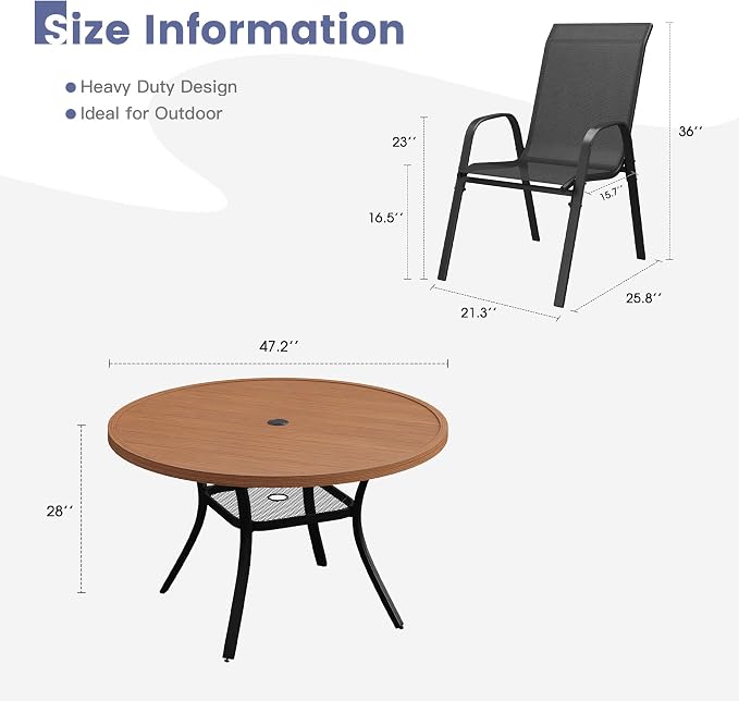 VICLLAX Round Patio Dining Set for 6, Metal Slatted Patio Table with Umbrella Hole and Stackable Patio Chairs for Deck Lawn Garden, Black Fabric and Walnut Tabletop