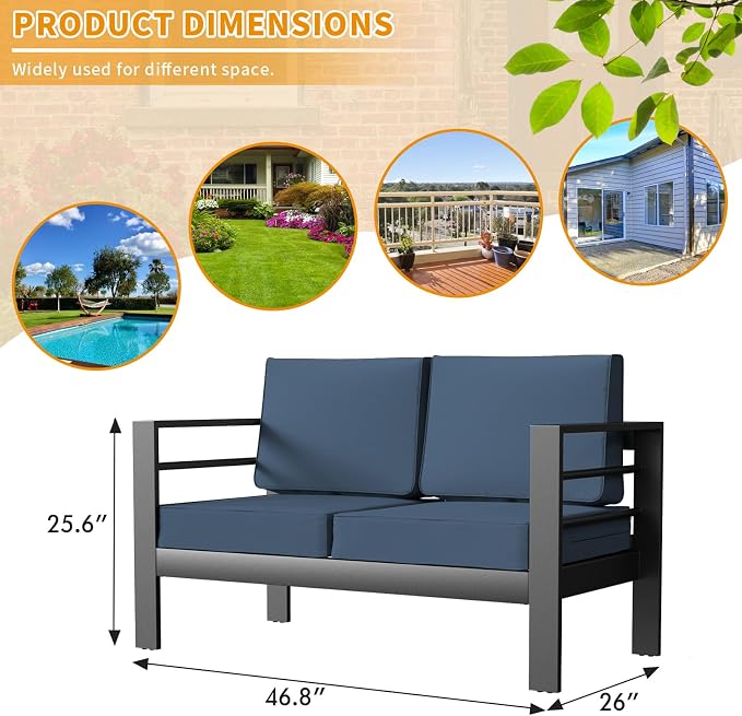 Aluminum Patio Set, 3-Seat Outdoor Furniture Set with 5 Inch Cushions, Patio Furniture Sets with Waterproof Covers for Backyard Garden(Grey&Blue)