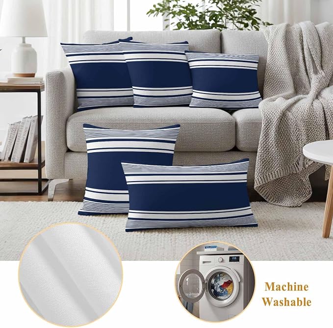 Outdoor Waterproof Throw Pillow Covers, Navy Blue Striped Decorative Pillow Cases, Modern Color Block Farmhouse Stripes Couch Pillow Protector Patio Sofa Cushion Covers Replacement 24"x24" 2 Pack