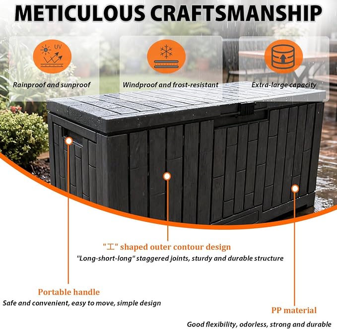Outdoor Storage Box, Weatherproof Resin Deck Bin with Heavy-Duty Lid, High Load Capacity, Perfect for Patio Furniture, Garden Equipment, and Pool Accessories 804B