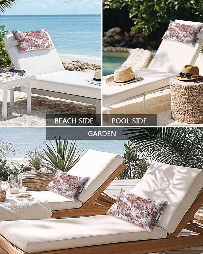 Outdoor Pillows Waterproof Covers Set of 2, Red Dandelion Adjustable Elastic Chaise Lounge Headrest Pillow Covers, Spring Bloom Flowers Decorative Lumbar Pillow for Pool Patio Furniture 11x16 Inch