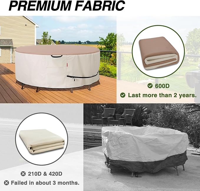 Porch Shield Round Patio Furniture Cover - Waterproof 600D Heavy Duty Outdoor Table and Chairs Cover 84 inch, Light Tan & Khaki