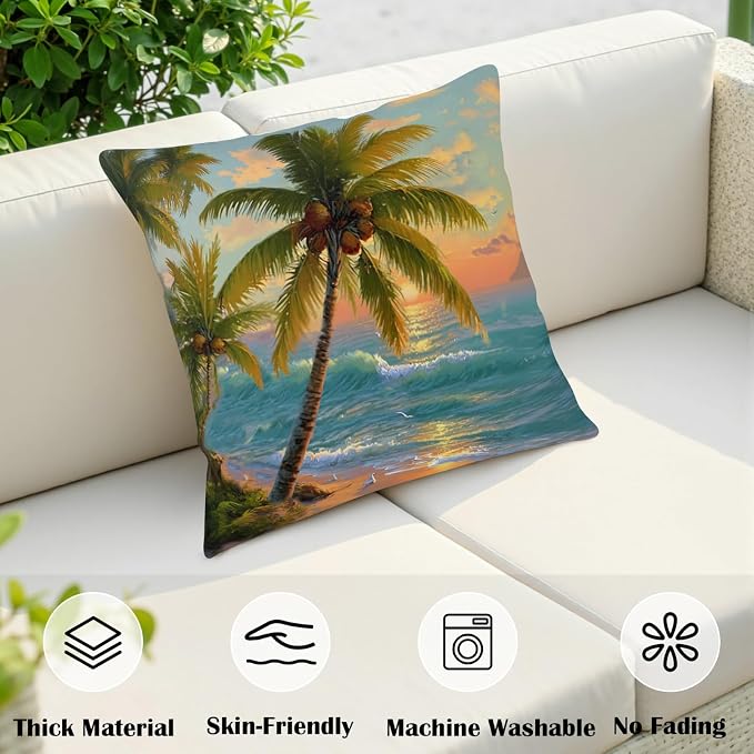 Hawaiian Sunset Coastal Throw Pillow Covers Tropical Coconut Palm Tree Pillow Covers 20x20 Set of 2 Summer Ocean Beach Pillow Cases Sea Wave Cushion Cases for Home Sofa Couch
