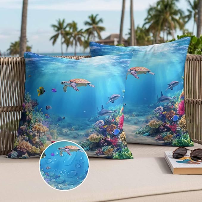 Ocean Turtle Waterproof Outdoor Pillow Covers Set of 2 Home Decor, Blue Beach Summer Dolphin Whale Coral Fish Pillowcase Patio Pillow Covers for Couch Bench Furniture Garden 20x20in