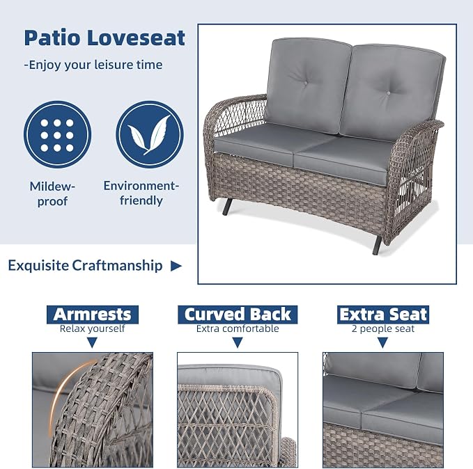 2 Piece Outdoor Wicker Gliding Loveseat Set, Patio Conversation Furniture Sets with 2-Seater Glider Rocking Bench, Glass-Top Coffee Table and Cushions for Porch Garden Poolside, Gray