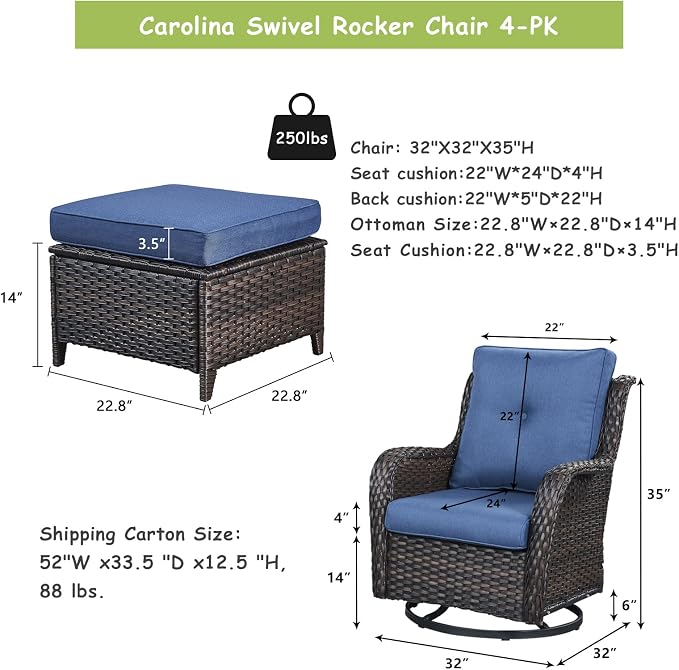 Rilyson Luxury 4 Pieces Patio Wicker Furniture Set, Outdoor Rattan Bistro Set with Rocking Swivel Chair, Ottoman and Thickened Cushions (Brown/Blue)