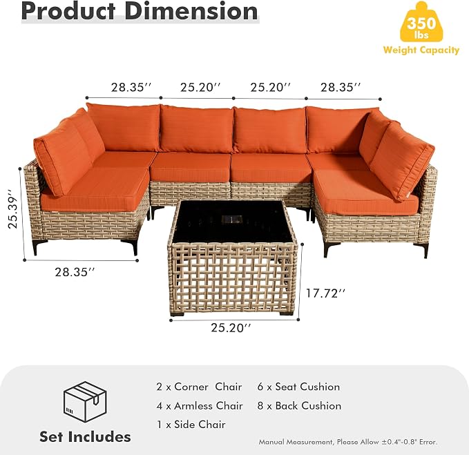7 Pieces Wicker Patio Furniture Set,Outdoor Sectional Sofa with Coffee Table Comfy Cushions,Modern Modular Deep Seat Rattan Couch Conversation Set,Orange Line