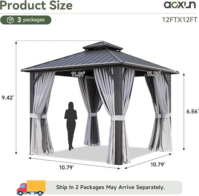 Aoxun 12’x12’ Hardtop Gazebo, Permanent Metal Pavilion with Galvanized Steel Double Roof, Outdoor Pergola with Nettings and Curtains for Lawn, Garden, Patio (Gray)